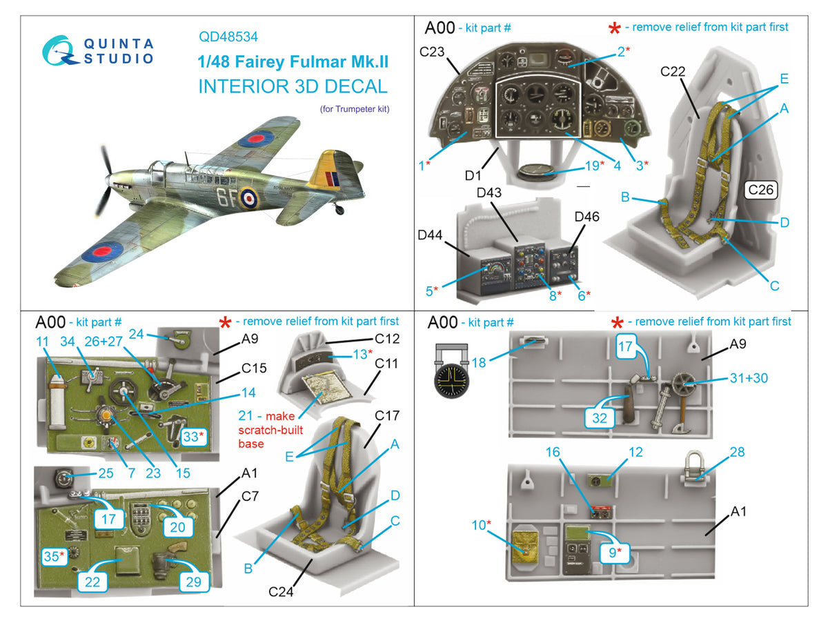 Fairey Fulmar Mk.II 3D-Printed coloured Interior on decal paper (designed to be used with Trumpeter kits)