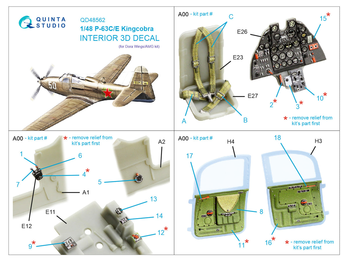 Bell P-63C/P-63E Kingcobra 3D-Printed & coloured Interior on decal paper (designed to be used with AMG and Dora Wings kits)