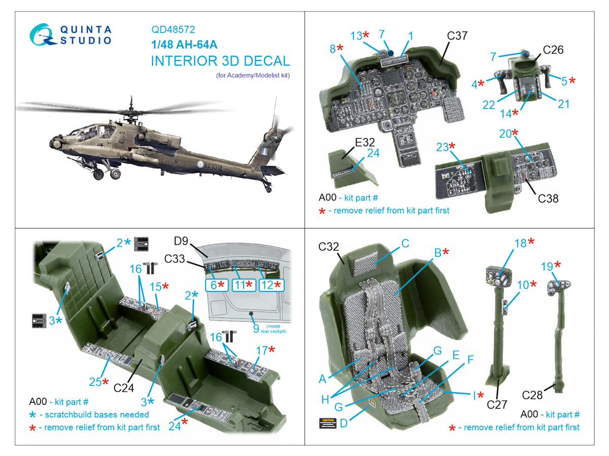 Bell/Boeing AH-64A 3D-Printed & coloured Interior on decal paper (designed to be used with Academy and Modelist kits)