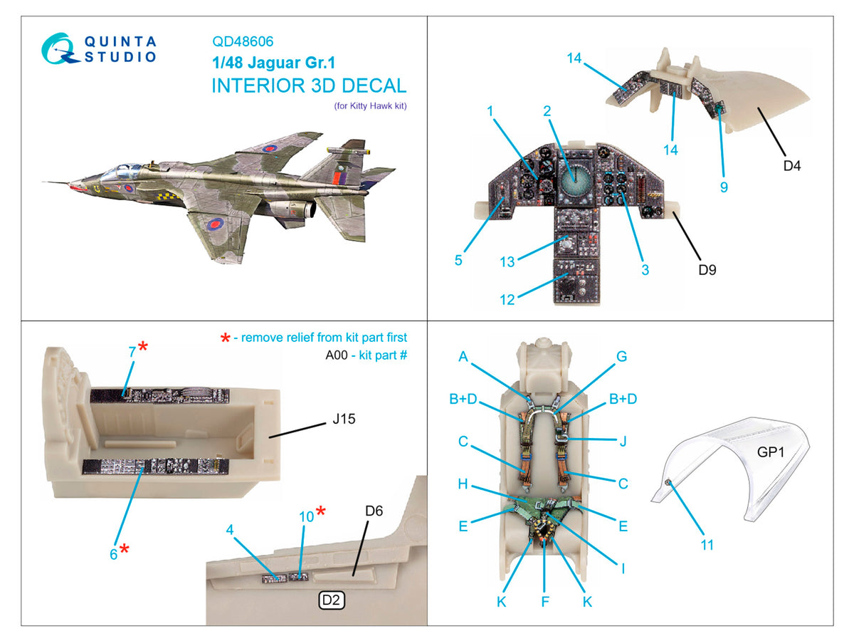 Sepecat Jaguar Gr.1 3D-Printed & coloured Interior on decal paper (designed to be used with Kitty Hawk Models Models and Zimi Model kits)
