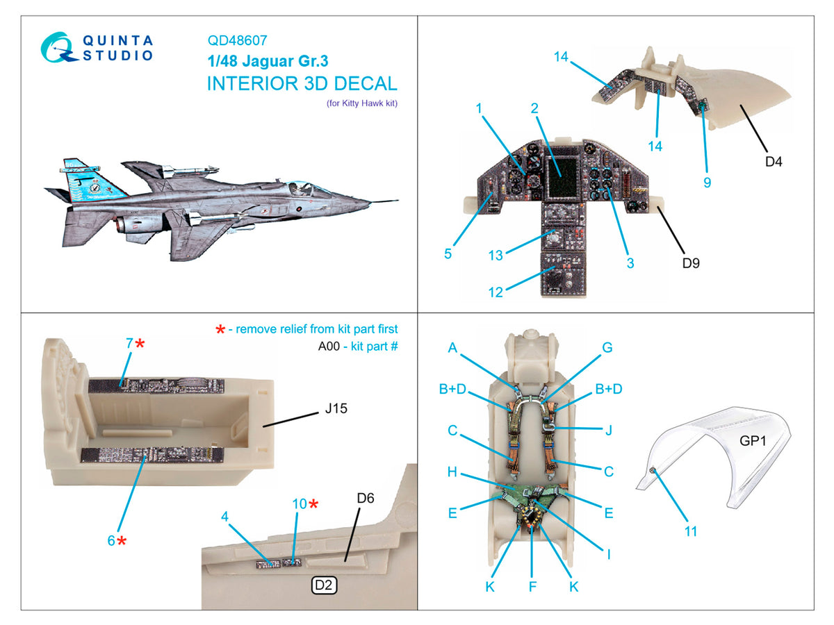 Sepecat Jaguar Gr.3 3D-Printed & coloured Interior on decal paper (designed to be used with Kitty Hawk Models Models and Zimi Model kits)
