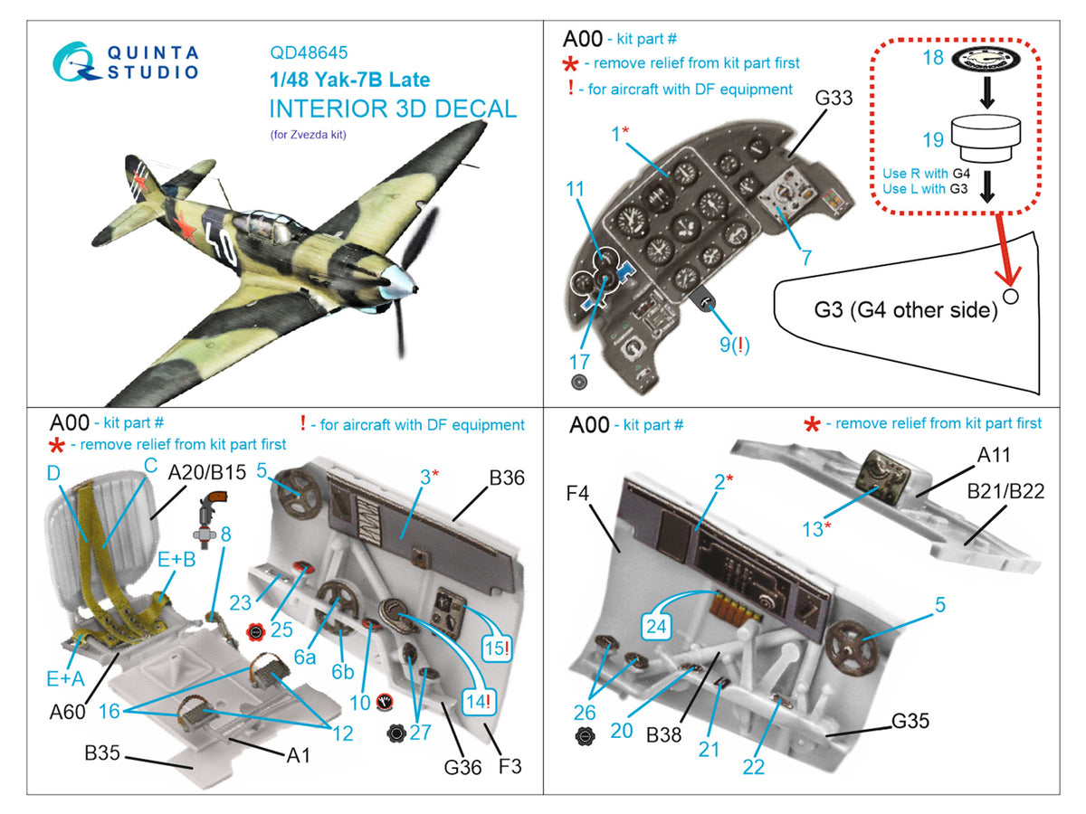 Yakovlev Yak-7B 3D-Printed & coloured Interior on decal paper (designed to be used with Zvezda kits)