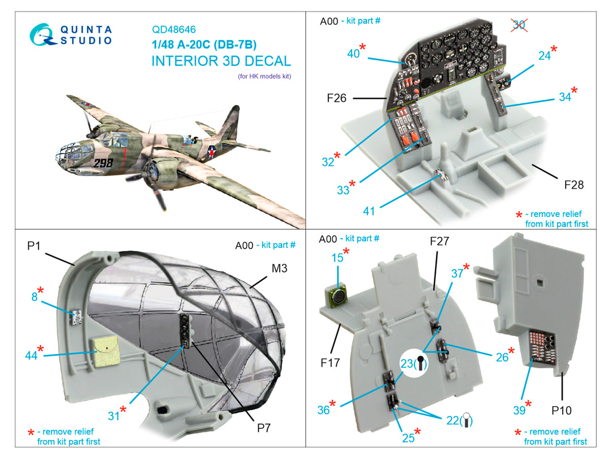 Douglas A-20C Havoc (DB-7B) 3D-Printed & coloured Interior on decal paper (designed to be used with Hong Kong Models kits)