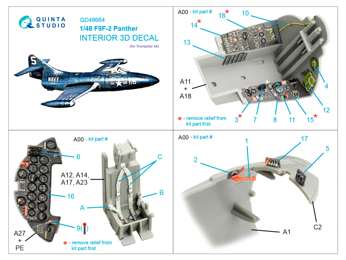 Grumman F9F-2 Panther 3D-Printed & coloured Interior on decal paper (designed to be used with Trumpeter kits)