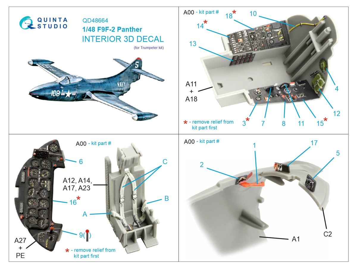 Grumman F9F-3 Panther 3D-Printed & coloured Interior on decal paper (designed to be used with Trumpeter kits)