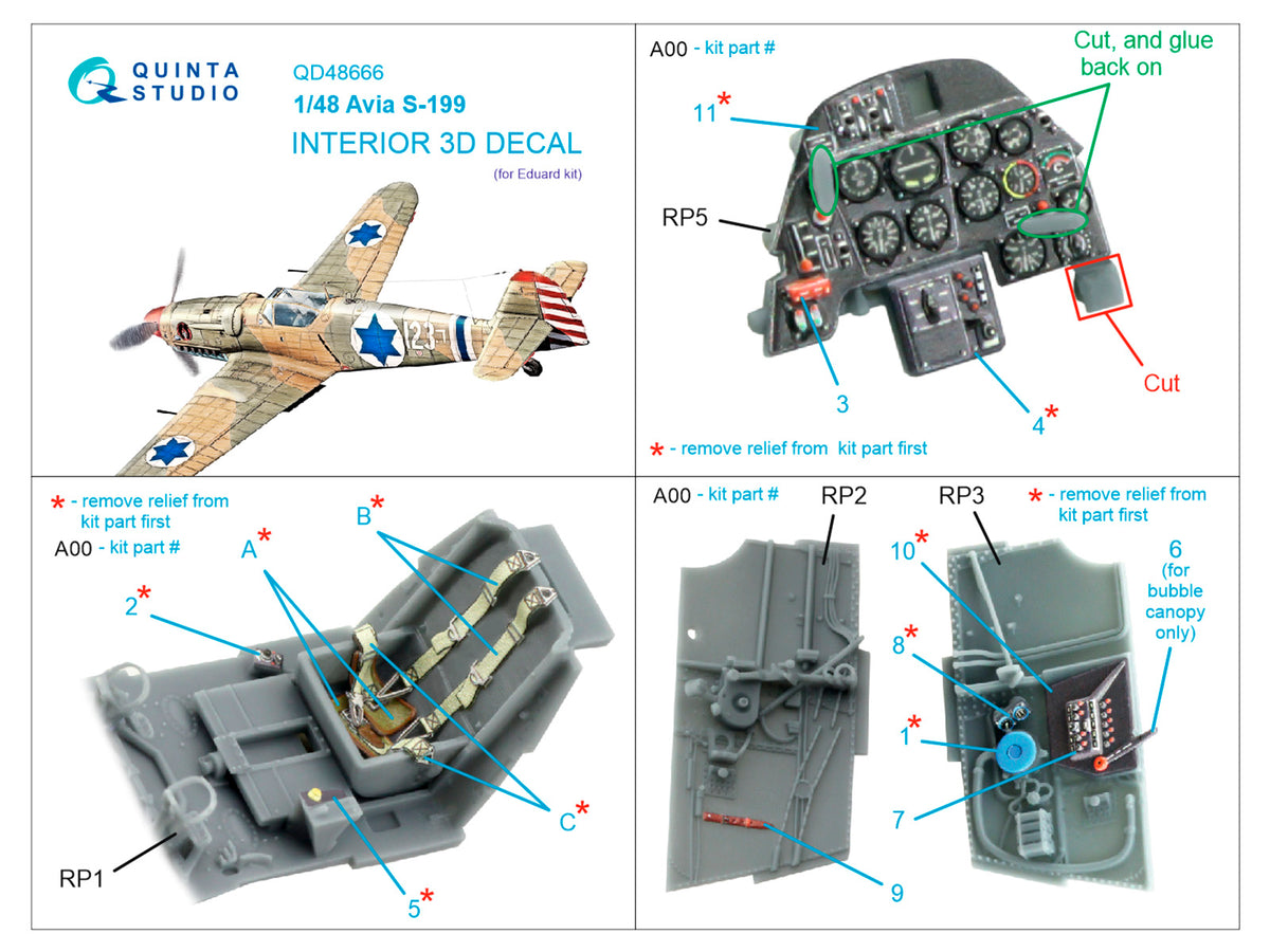 Avia S-199 3D-Printed & coloured Interior on decal paper(designed to be used with Eduard kits)