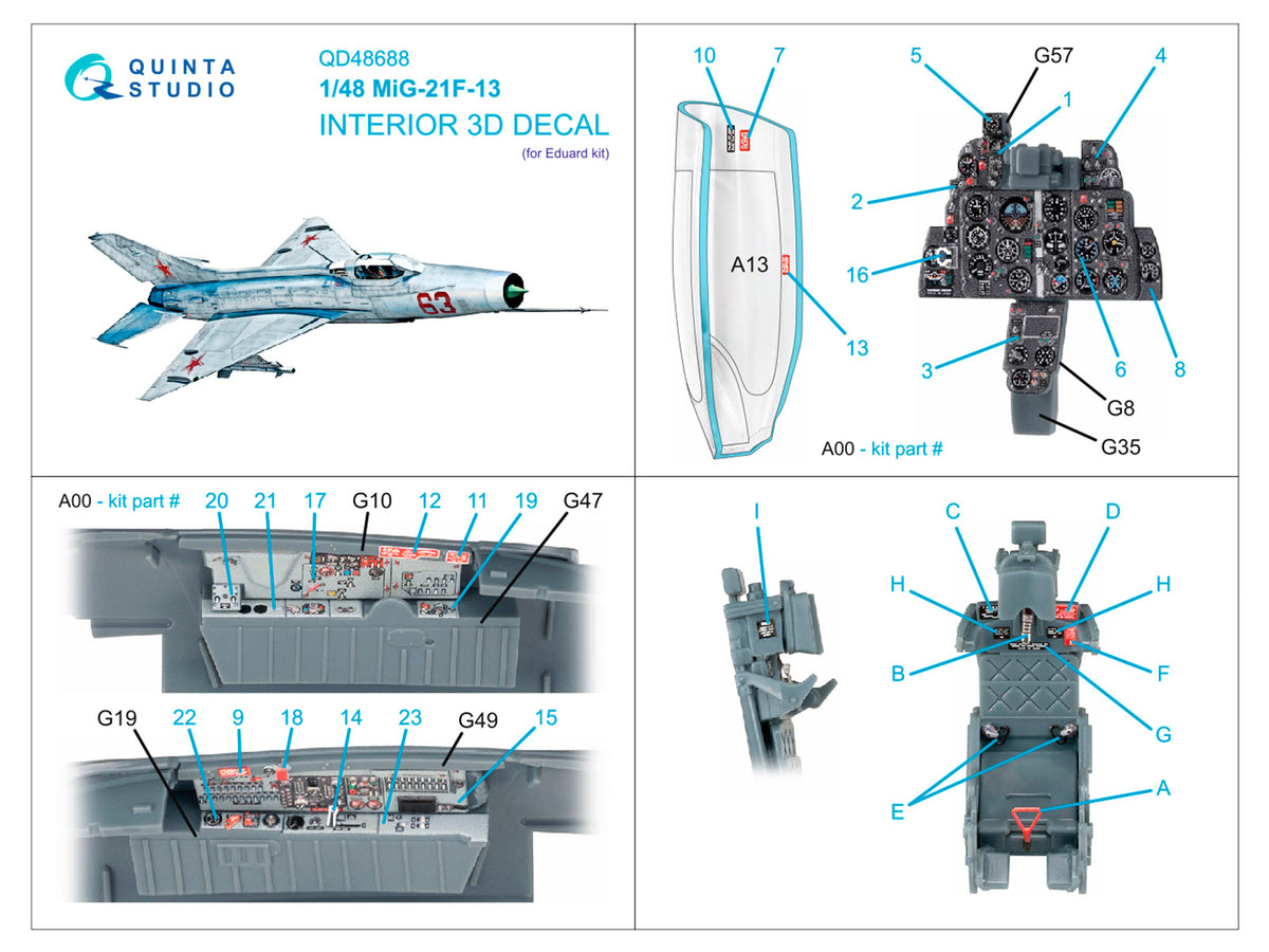 Mikoyan MiG-21F-13 3D-Printed & coloured Interior on decal paper (designed to be used with Eduard kits)