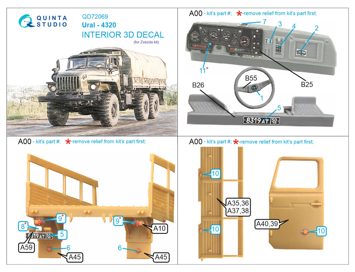 URAL 4320 3D-Printed coloured Interior on decal paper (designed to be used with Zvezda kits)