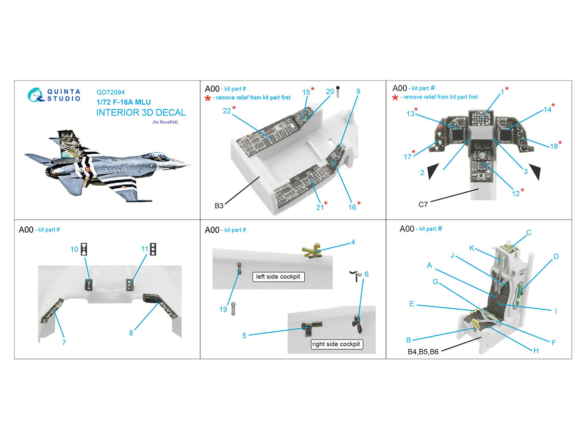 General-Dynamics F-16A MLU 3D-Printed coloured Interior on decal paper (designed to be used with Revell kits)
