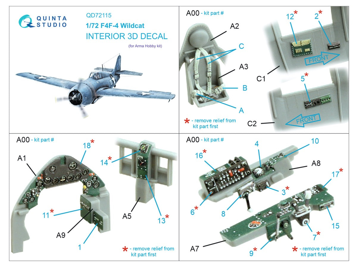 Grumman F4F-4 Wildcat 3D-Printed coloured Interior on decal paper (designed to be used with Arma Hobby kits)