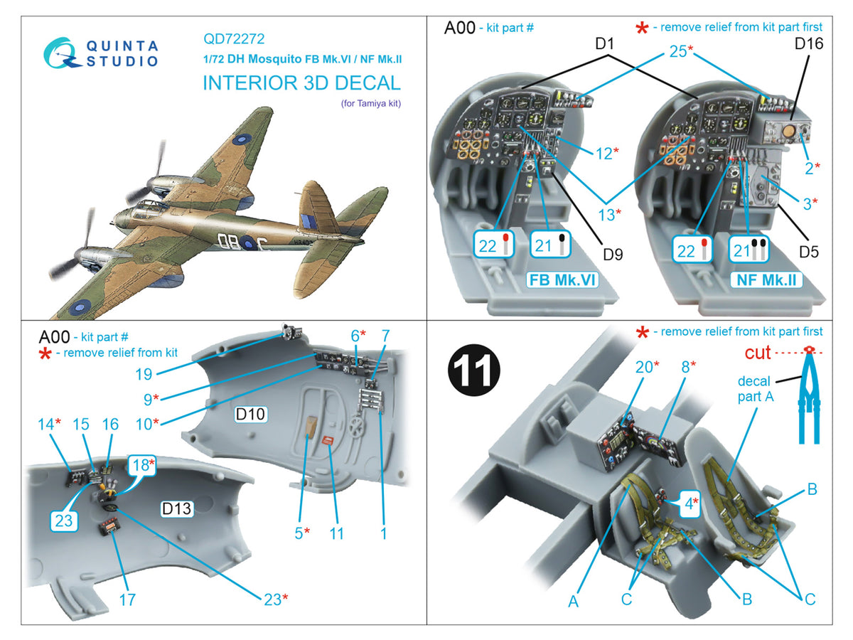 de Havilland Mosquito FB Mk.VI/NF Mk.II 3D-Printed & coloured Interior on decal paper (designed to be used with Tamiya kits)