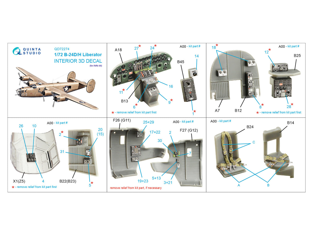 Consolidated B-24D/B-24H Liberator 3D-Printed & coloured Interior on decal paper (designed to be used with Airfix kits)