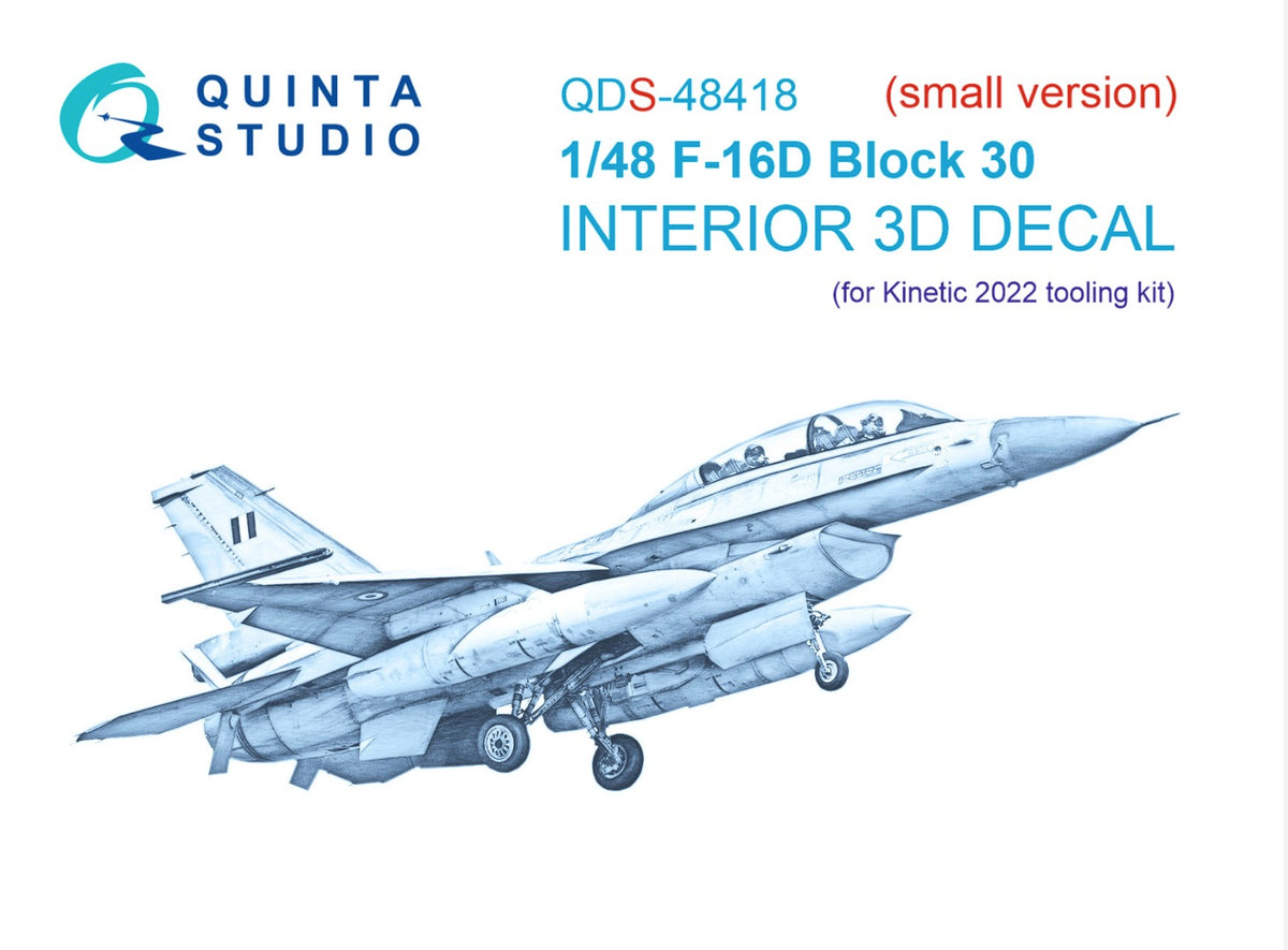 Lockheed-Martin F-16D block 30 3D-Printed coloured Interior on decal paper (designed to be used with Kinetic Model K48105 2022 tool kits) (Small version)