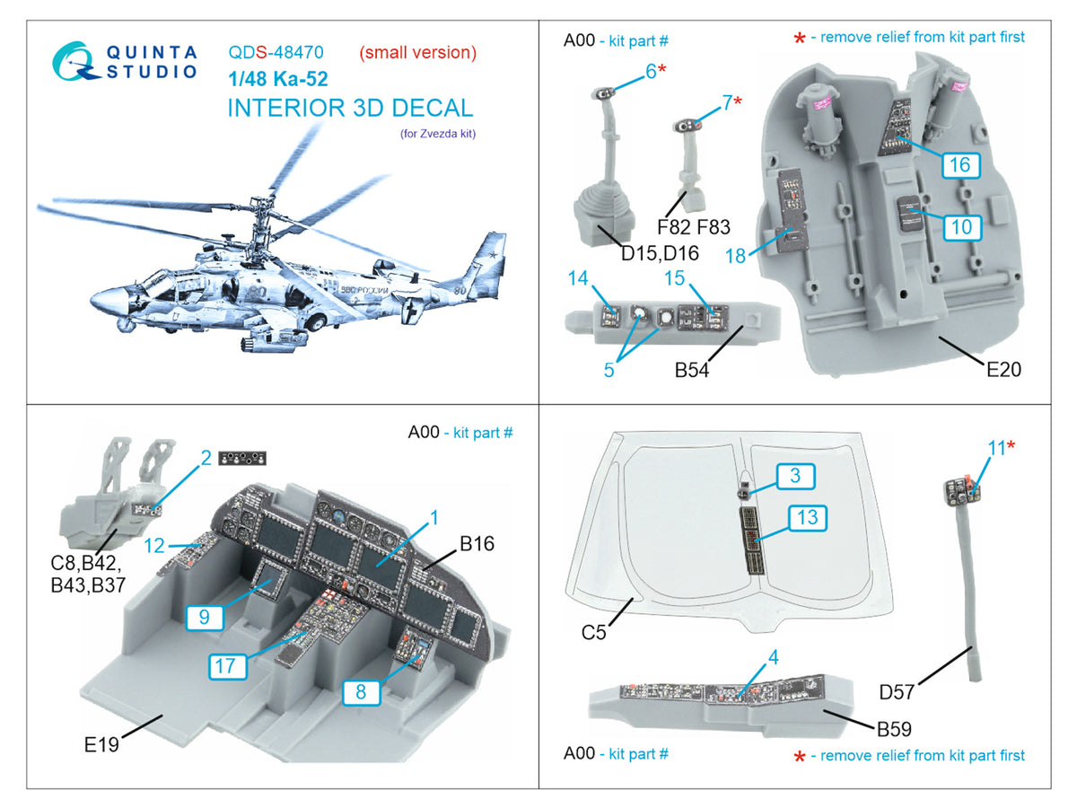 Kamov Ka-52 3D-Printed coloured Interior on decal paper (designed to be used with Zvezda kits) (Small version)