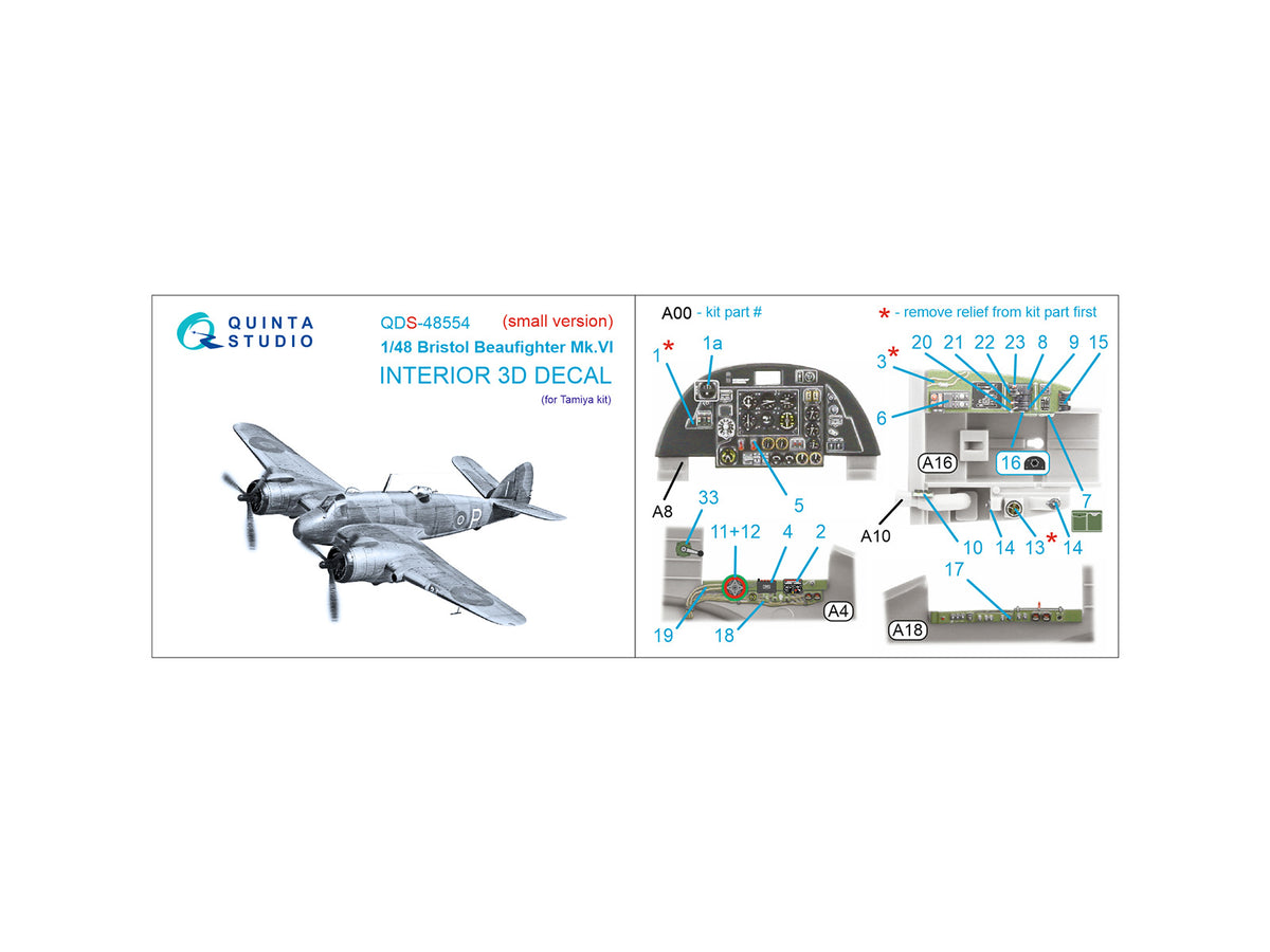 Bristol Beaufighter Mk.VI 3D-Printed & coloured Interior on decal paper (designed to be used with Tamiya kits) (small version)