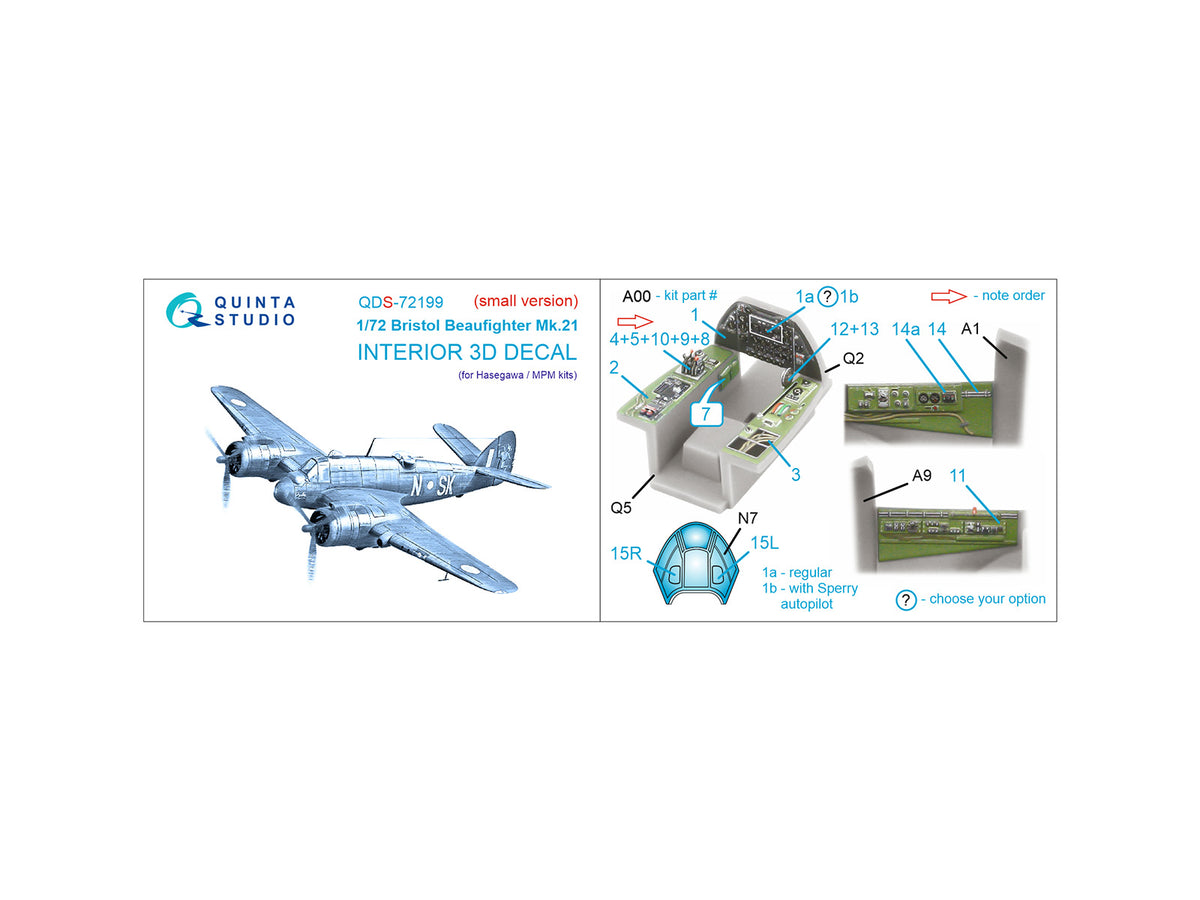 Bristol Beaufighter Mk.21 3D-Printed & coloured Interior on decal paper (designed to be used with Hasegawa and MPM kits) (small version)