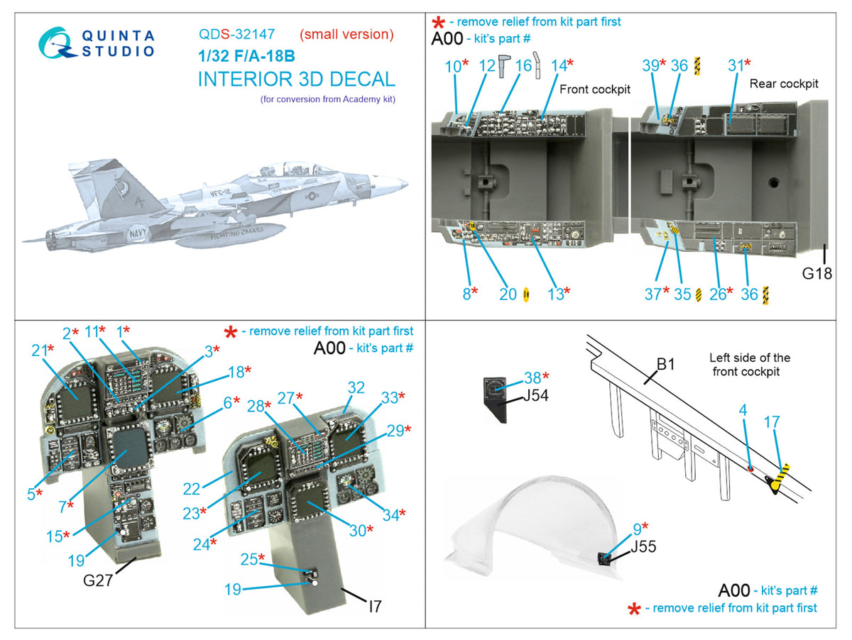 McDonnell-Douglas F/A-18B Hornet 3D-Printed coloured Interior on decal paper (designed to be used with Academy kits)(SMALL VERSION)
