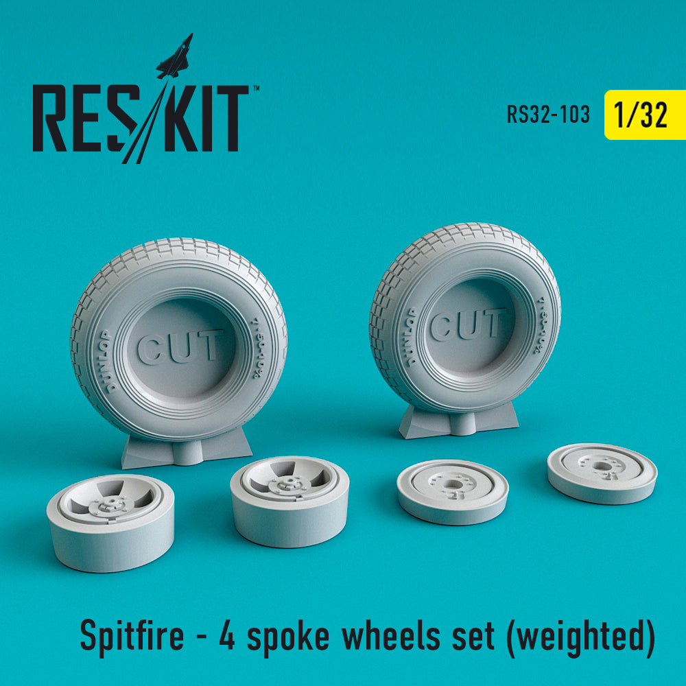 Supermarine Spitfire - 4 spoke wheels set ((with weighted effect) (ResKit sold out May 2026) ) (ResKit sold out May 2026) (designed to be used with Hasegawa, Hobby Boss, Revell and Tamiya kits) (ResKit sold out May 2026)