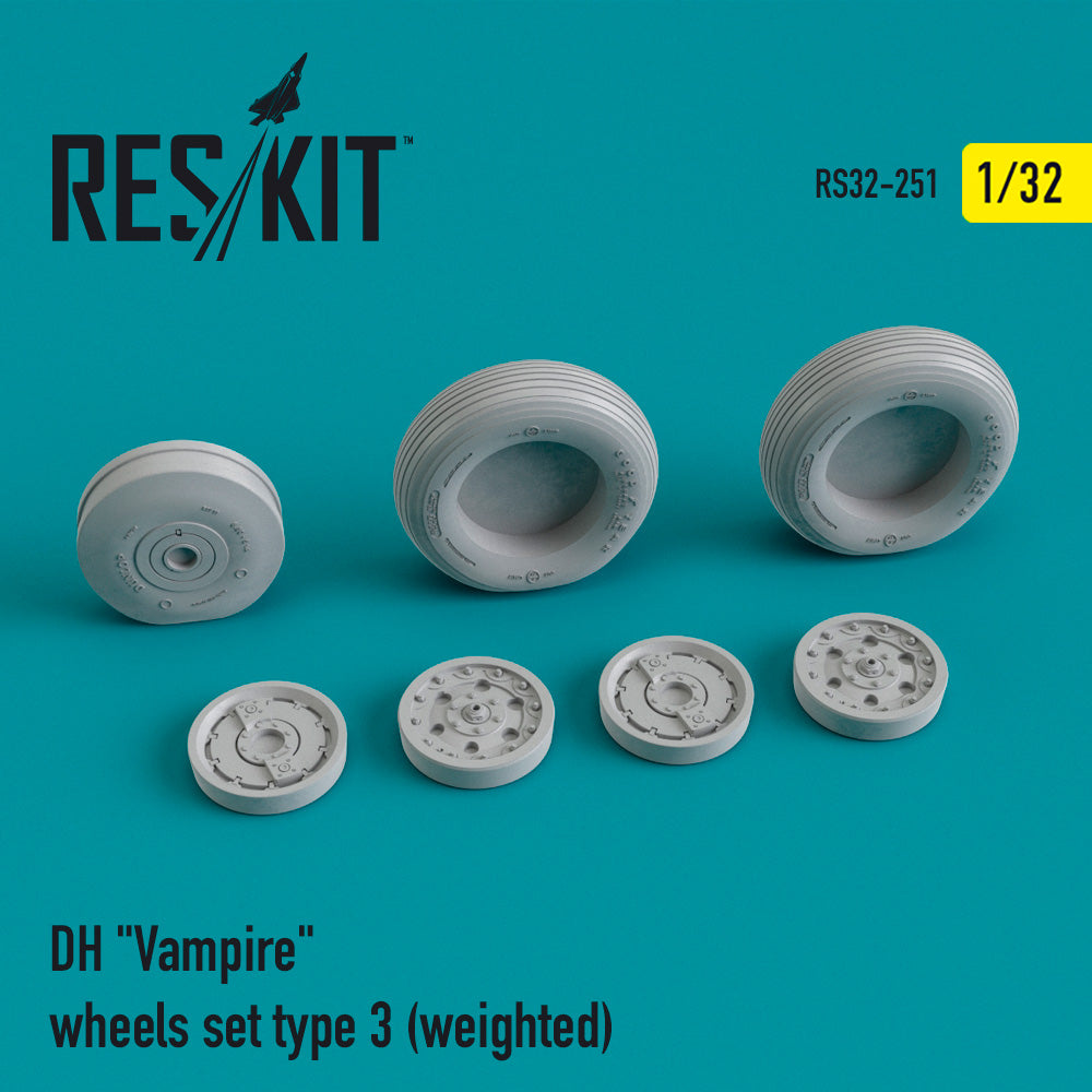 de Havilland Mk.3/Mk.5 Vampire wheels set type 3 (bulged tyre/weighted effect) (designed to be used with Infinity Models kits) (discontinued by Reskit June 2025)