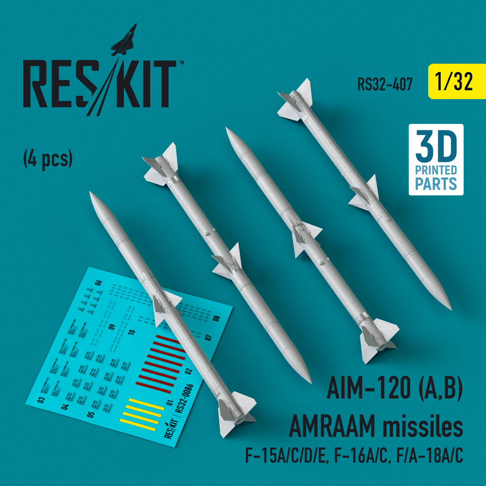 AIM-120 (A,B) AMRAAM missiles (4 pcs) (F-15A/F-15C/F-15D/F-15E, F-16A/F-16C, F/A-18A/C) (3D-Printed)