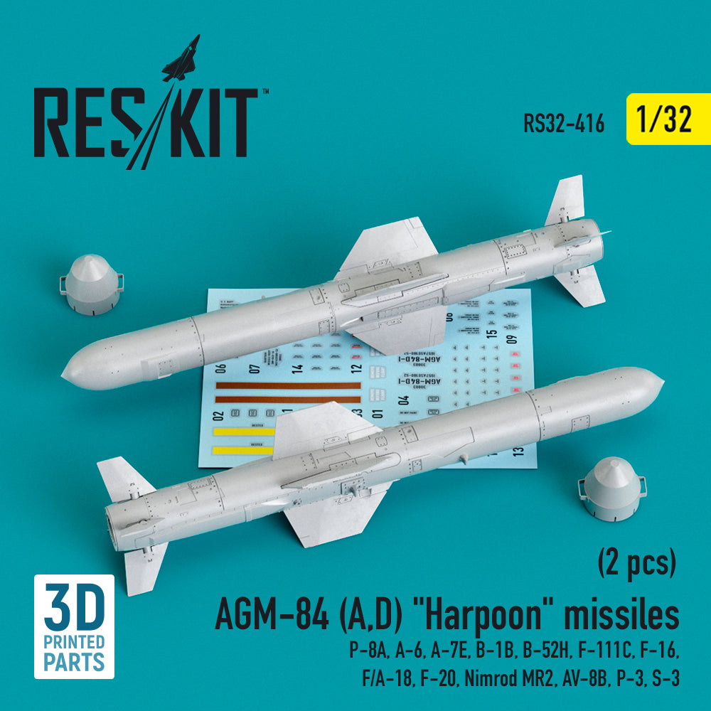 AGM-84 (A,D) Harpoon missiles (2 pcs) (P-8A, A-6, LTV A-7E, B-1B, B-52H, General-Dynamics F-111C, Lockheed-Martin F-16, F/A-18, F-20, Nimrod MR2, McDonnell-Douglas AV-8B, P-3, Lockheed S-3A/S-3B Viking) (3D-Printed)