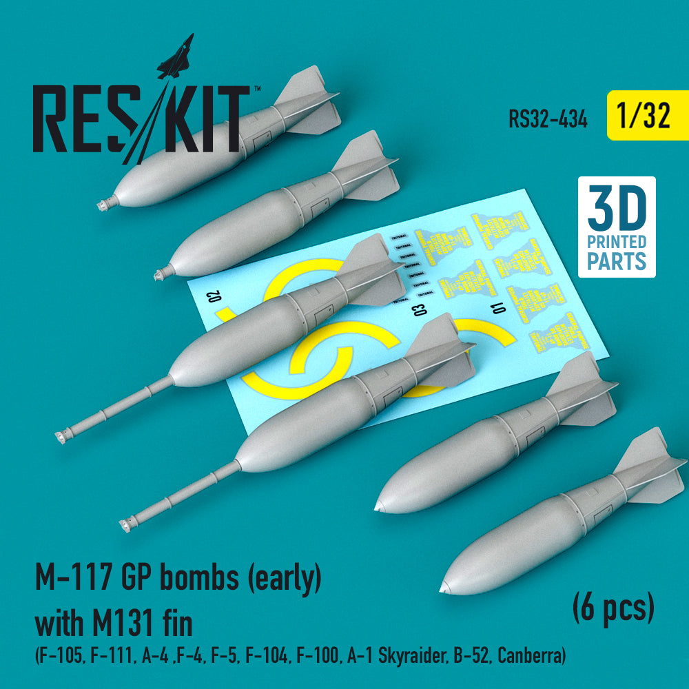 M-117 GP bombs (early) with M131 fin (6 pcs) (Republic F-105D/F-105G , General-Dynamics F-111, Douglas A-4 ,McDonnell F-4, F-5, F-104, North-American F-100, A-1 Skyraider, B-52, Canberra) (3D-Printed) (1/32) (designed to be used with Trumpeter kits)
