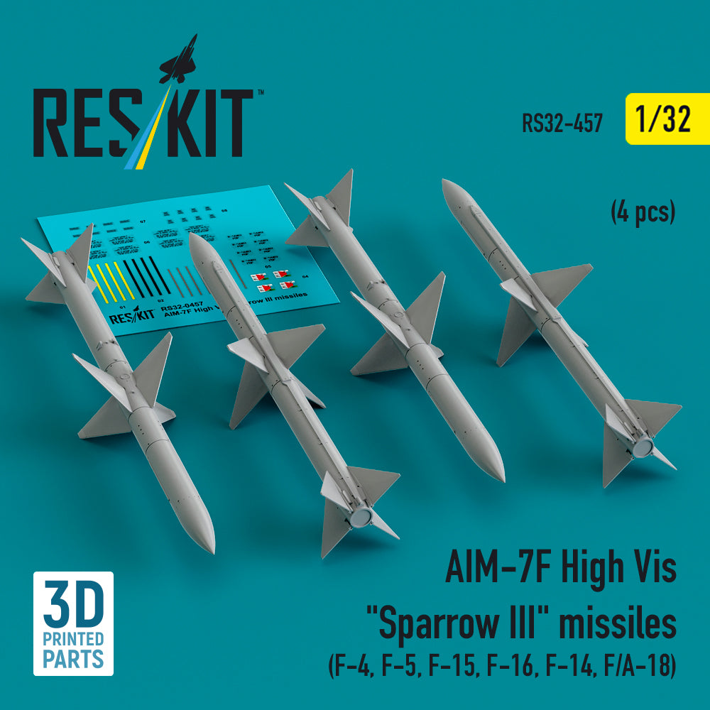 AIM-7F High Vis Sparrow III missiles (4 pcs) (McDonnell F-4, F-5, F-15, F-16, Grumman F-14, F/A-18) (3D-Printed)