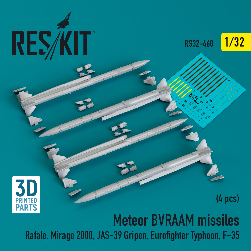 Meteor BVRAAM missiles (4 pcs) (Dassault Rafale, Dassault_Mirage 2000, Saab Jas-39 Gripen, Eurofighter Typhoon, Lockheed-Martin F-35) (3D-Printed)