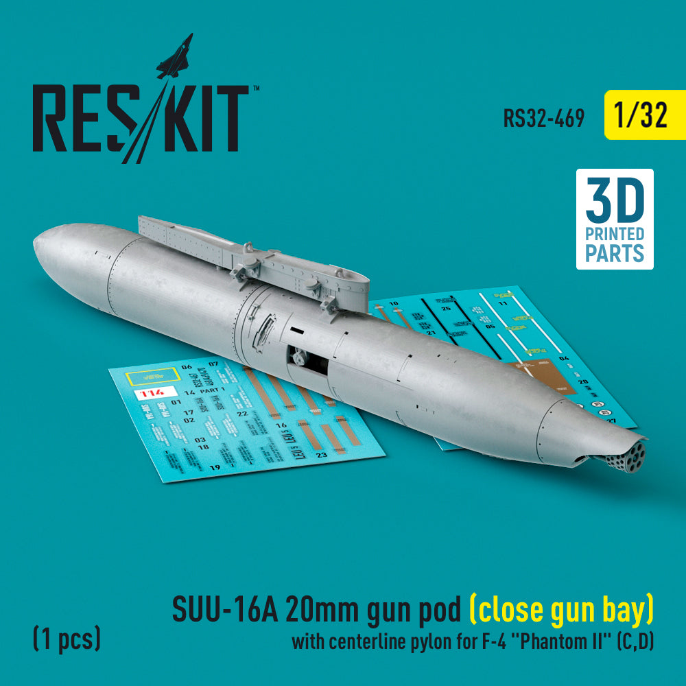 SUU-16A 20mm gun pod (close gun bay) with centerline pylon for McDonnell F-4 Phantom II (F-4C, F-4D) (1 pc) (3D-Printed) (designed to be used with Tamiya kits)