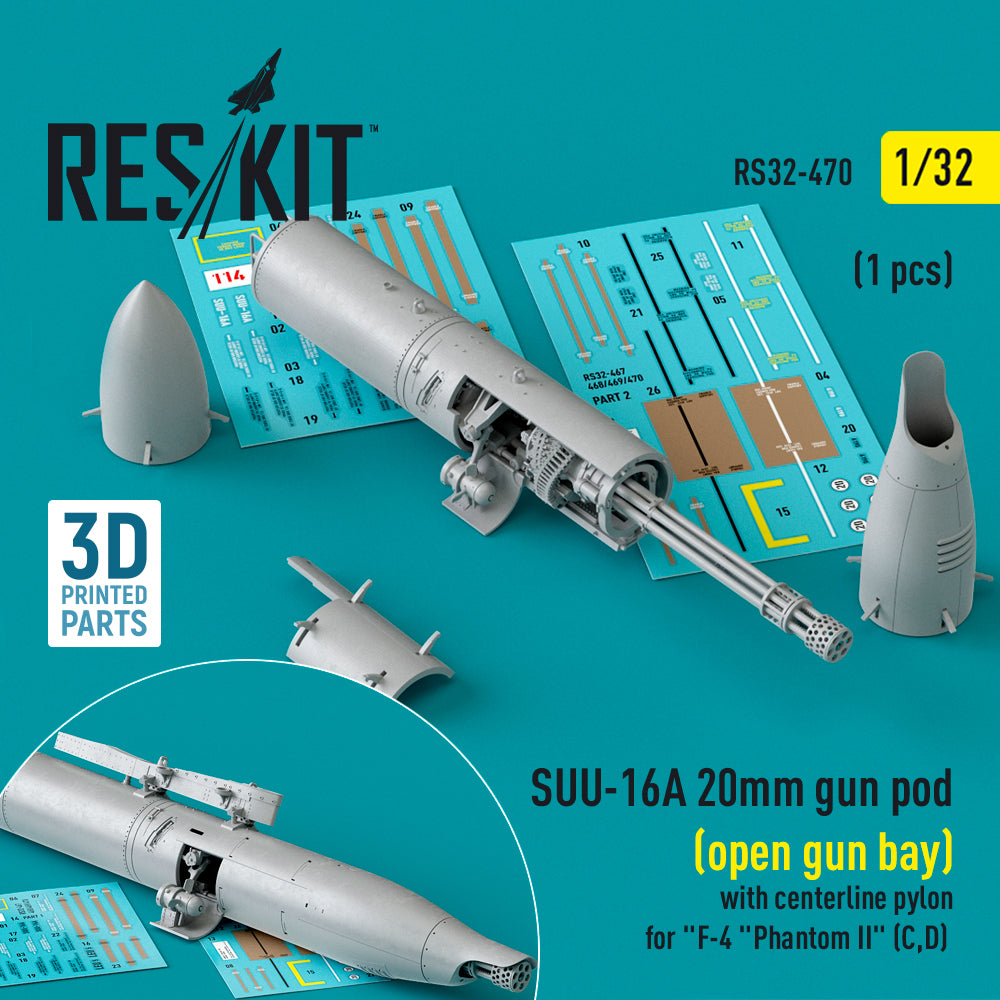 SUU-16A 20mm gun pod (open gun bay) with centerline pylon for McDonnell F-4C/F-4D Phantom II (1 pc) (3D-Printed)