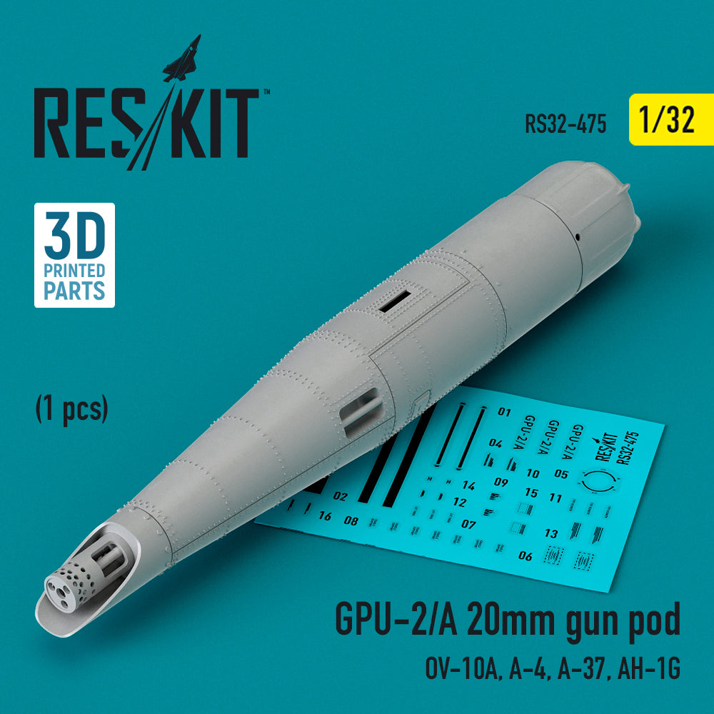 GPU-2/A 20mm gun pod (1 pcs) (North-American/Rockwell OV-10A, Douglas A-4E Skyhawk, Cessna A-37, Bell AH-1G) (3D-Printed) (ResKit sold out February 2026) (designed to be used with Hasegawa, ICM UA UK kits)