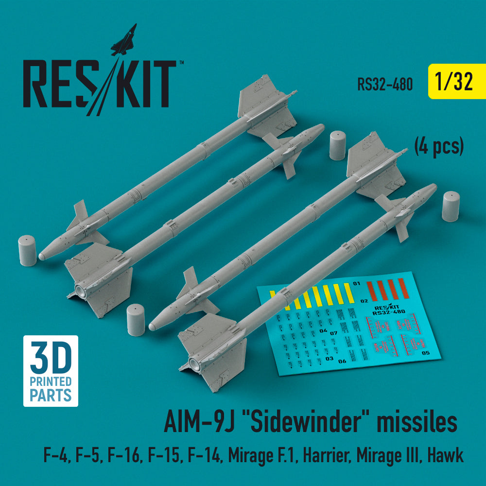 AIM-9J Sidewinder missiles (4 pcs) (McDonnell F-4, Northrop F-5, F-16, McDonnell F-15, Grumman F-14, Dassault_Mirage F.1, BAe Harrier, Dassault_Mirage III, Hawk) (3D-Printed)