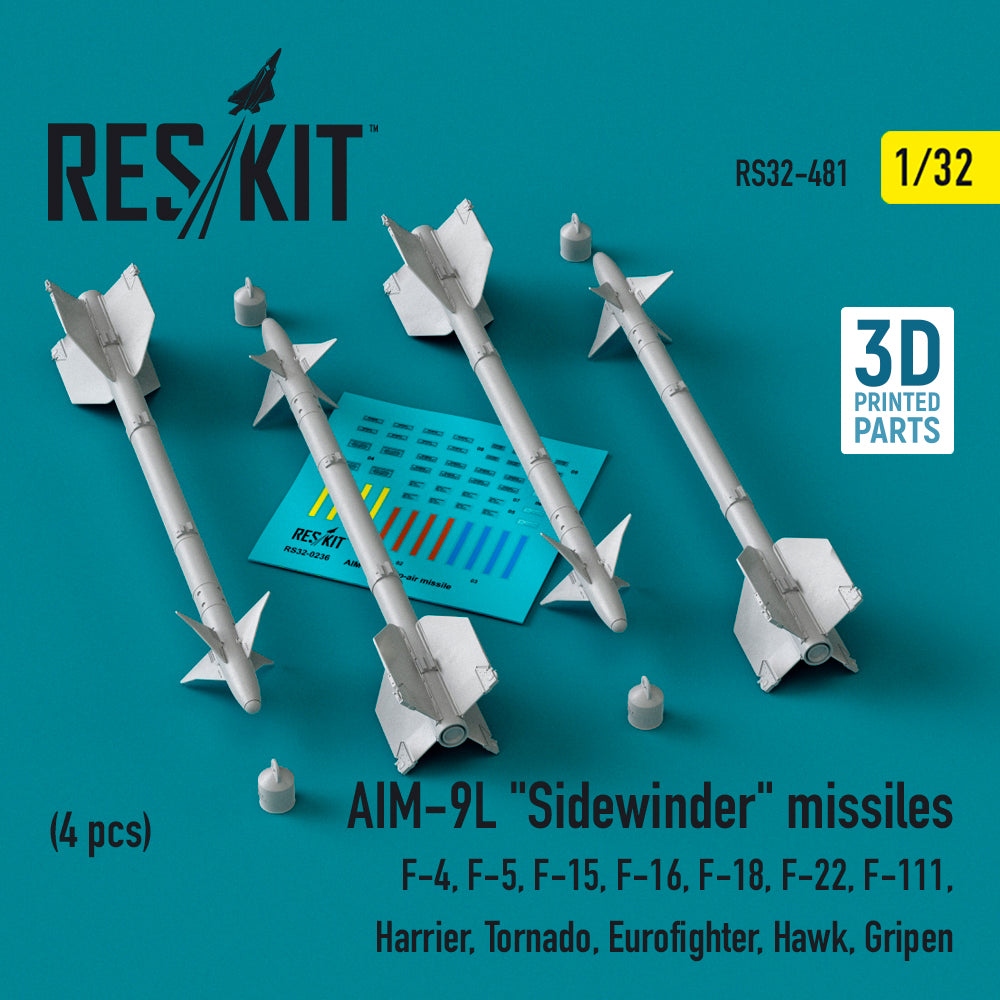 AIM-9L Sidewinder missiles (4 pcs) (McDonnell F-4, Northrop F-5, McDonnell F-15, F-16, F-18, Lockheed-Martin F-22, General-Dynamics F-111, BAe Harrier, Panavia Tornado, Eurofighter, Hawk, Gripen) (3D-Printed)