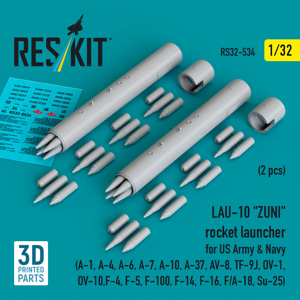 LAU-10 'ZUNI' rocket launcher for US Army & Navy (2 pcs) (A-1, A-4, A-6, LTV A-7, A-10, A-37, AV-8, TF-9J, OV-1, North-American/Rockwell OV-10, F-4, F-5, F-100, F-14, F-16, F/A-18, Sukhoi Sukhoi Su-25) (3D-Printed) (1/32)