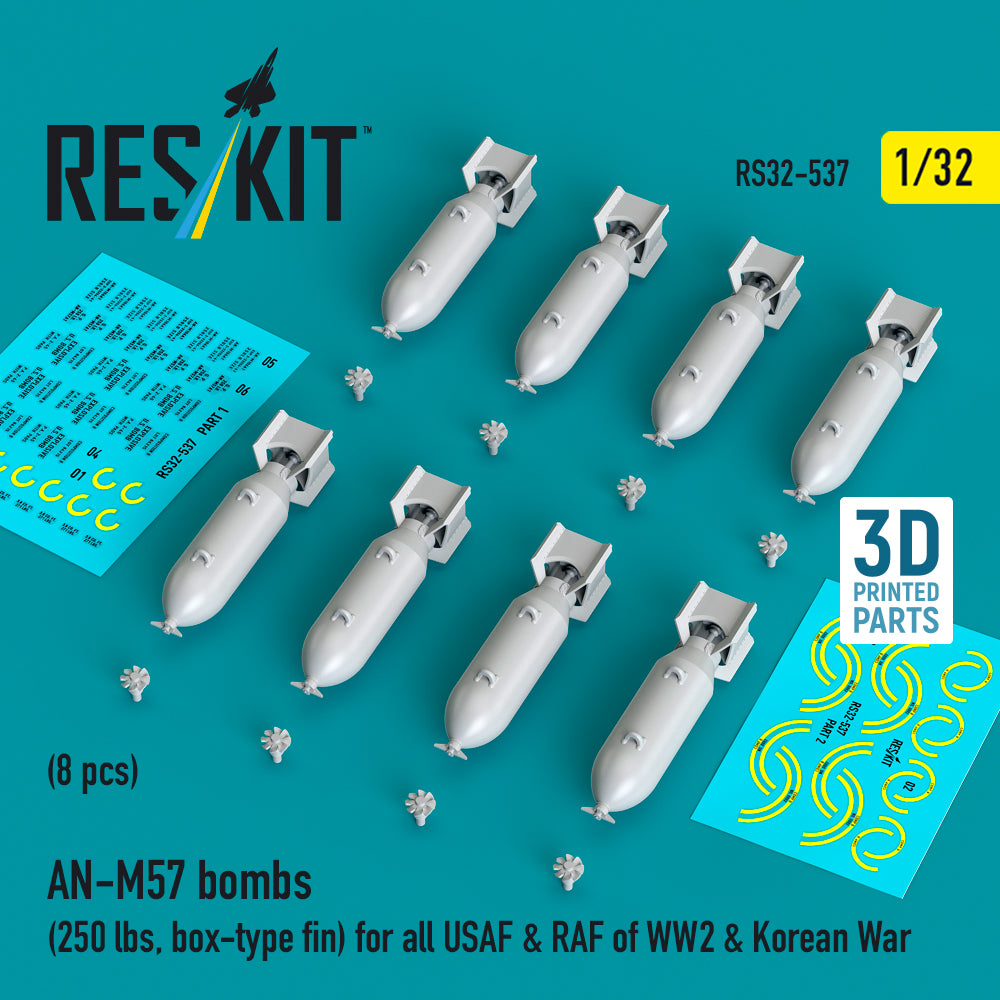 AN-M57 bombs (250 lbs, box-type fin) for all USAF & RAF of WW2 & Korean War (8 pcs) 3D-Printed