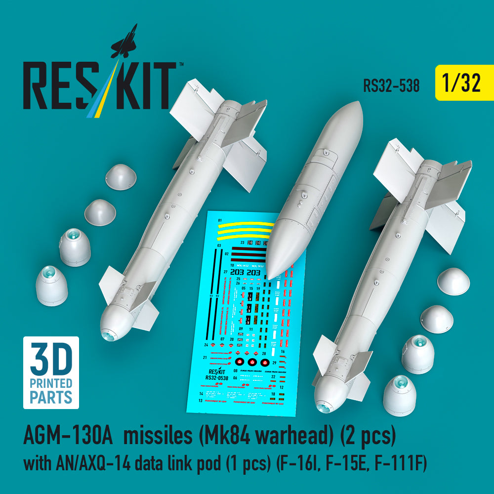 AGM-130A missiles (Mk84 warhead) (2 pcs) with AN/AXQ-14 data link pod (1 pcs) (F-16I, McDonnell F-15E, F-111F) 3D-Printed