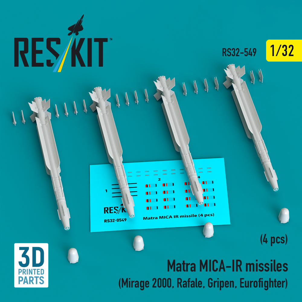 Matra MICA-IR missiles (4 pcs) (Dassault_Mirage 2000, Dassault Rafale, Gripen, Eurofighter) 3D-Printed