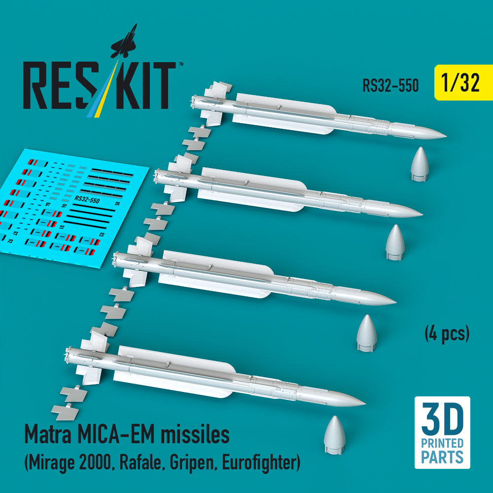 Matra MICA-EM missiles (4 pcs) (Dassault_Mirage 2000, Dassault Rafale, Gripen, Eurofighter) 3D-Printed