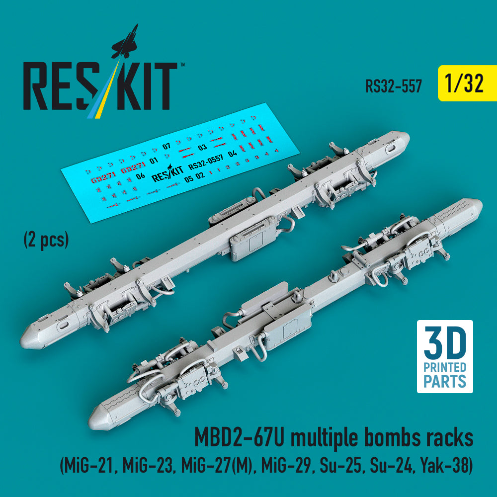 MBD2-67U multiple bombs racks (2 pcs) (Mikoyan MiG-21, Mikoyan MiG-23, Mikoyan MiG-27(?), Mikoyan MiG-29, Su-25, Su-24, Yakovlev Yak-38) (3D-Printed) (1/32)