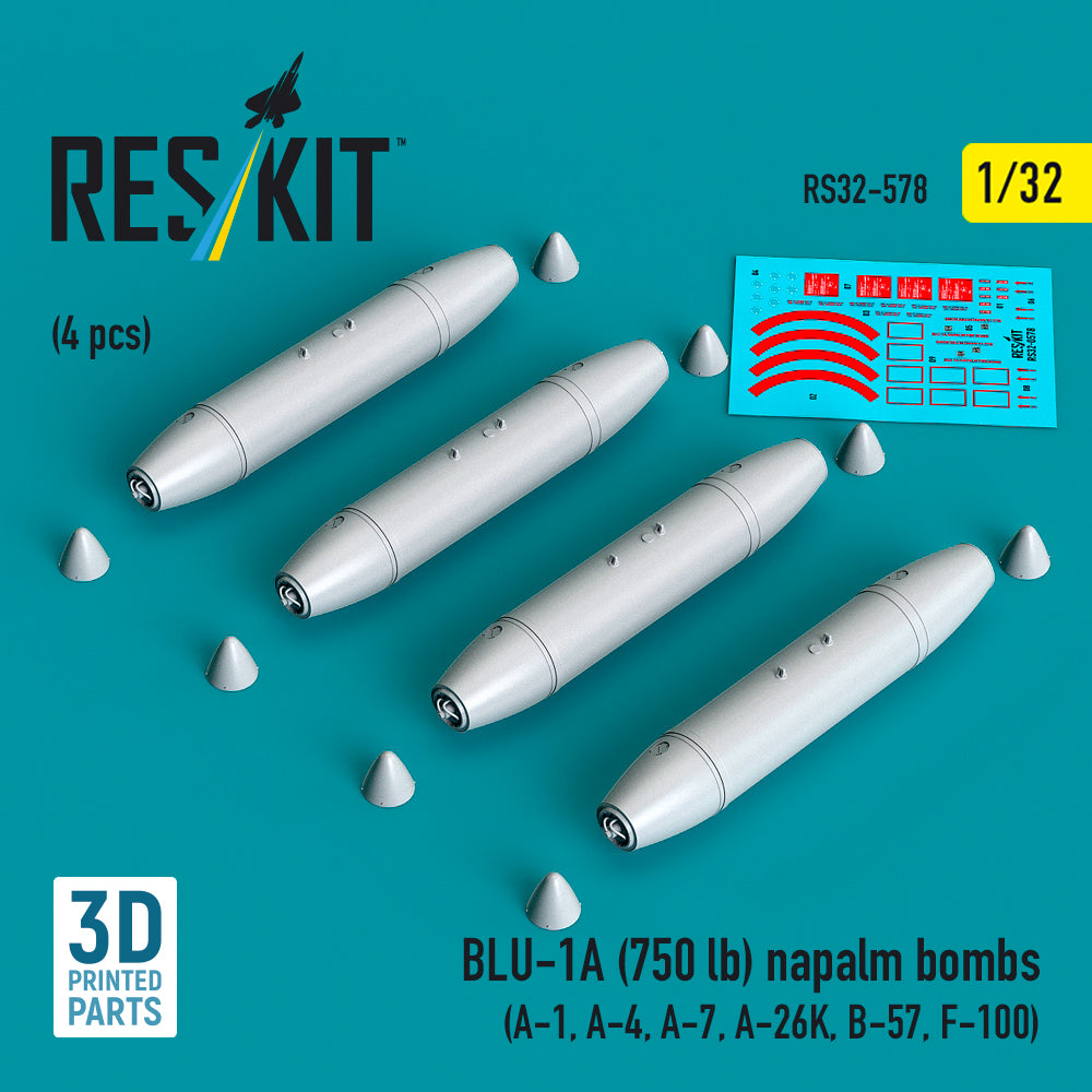 BLU-1A (750 lb) napalm bombs (4 pcs) (A-1, Douglas A-4, LTV A-7, A-26K, B-57, F-100) (3D-Printed) (1/32)