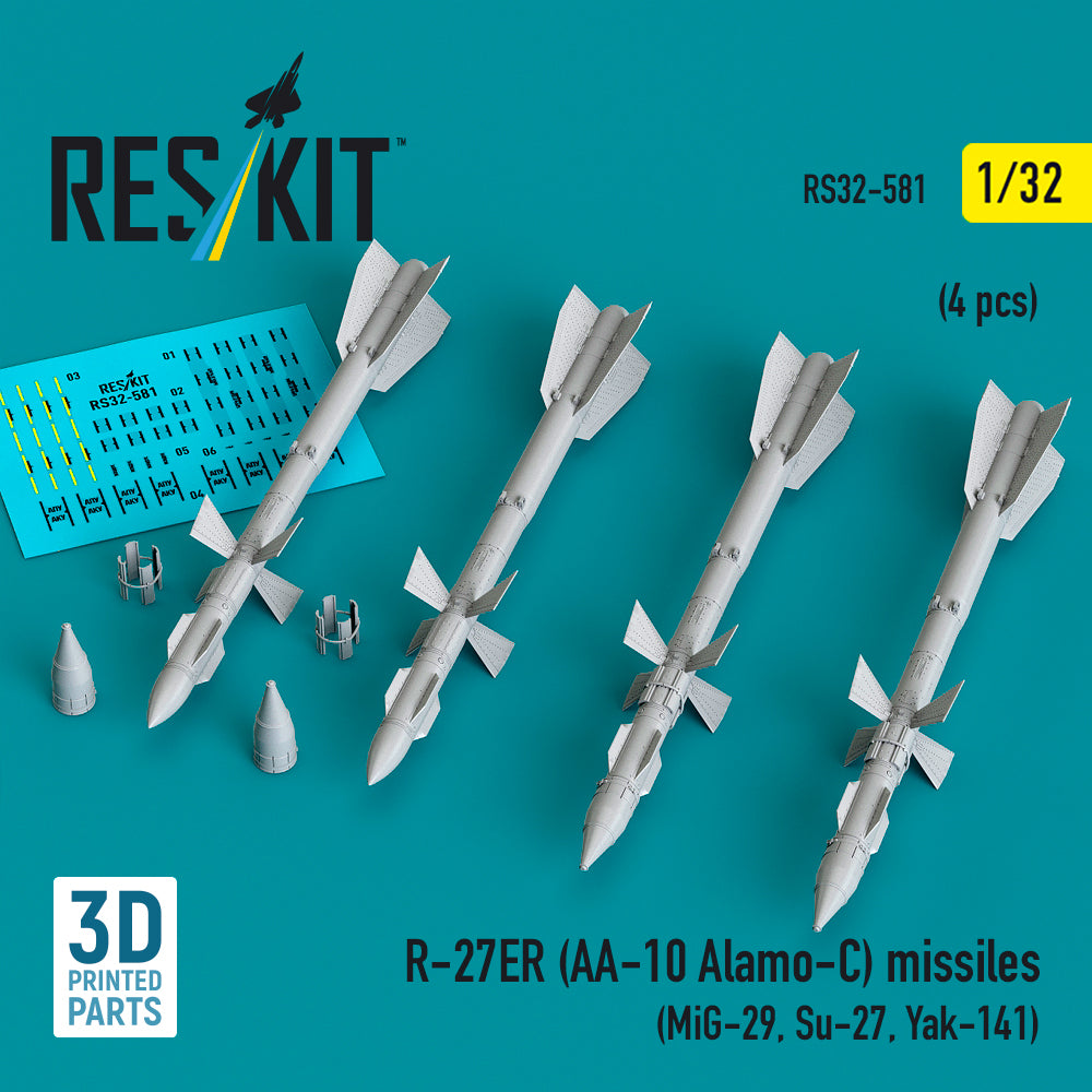 R-27ER (AA-10 Alamo-C) missiles (4 pcs) (Mikoyan MiG-29, Sukhoi Sukhoi Su-27, Yakovlev Yak-141) (3D-Printed) (1/32)