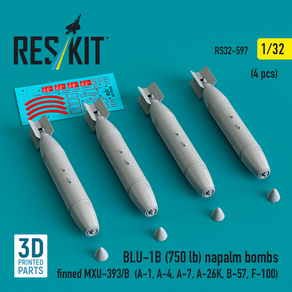 BLU-1B (750 lb) napalm bombs finned MXU-393/B (4 pcs) (A-1, Douglas A-4, LTV A-7, A-26K, B-57, F-100) (3D-Printed) (1/32)