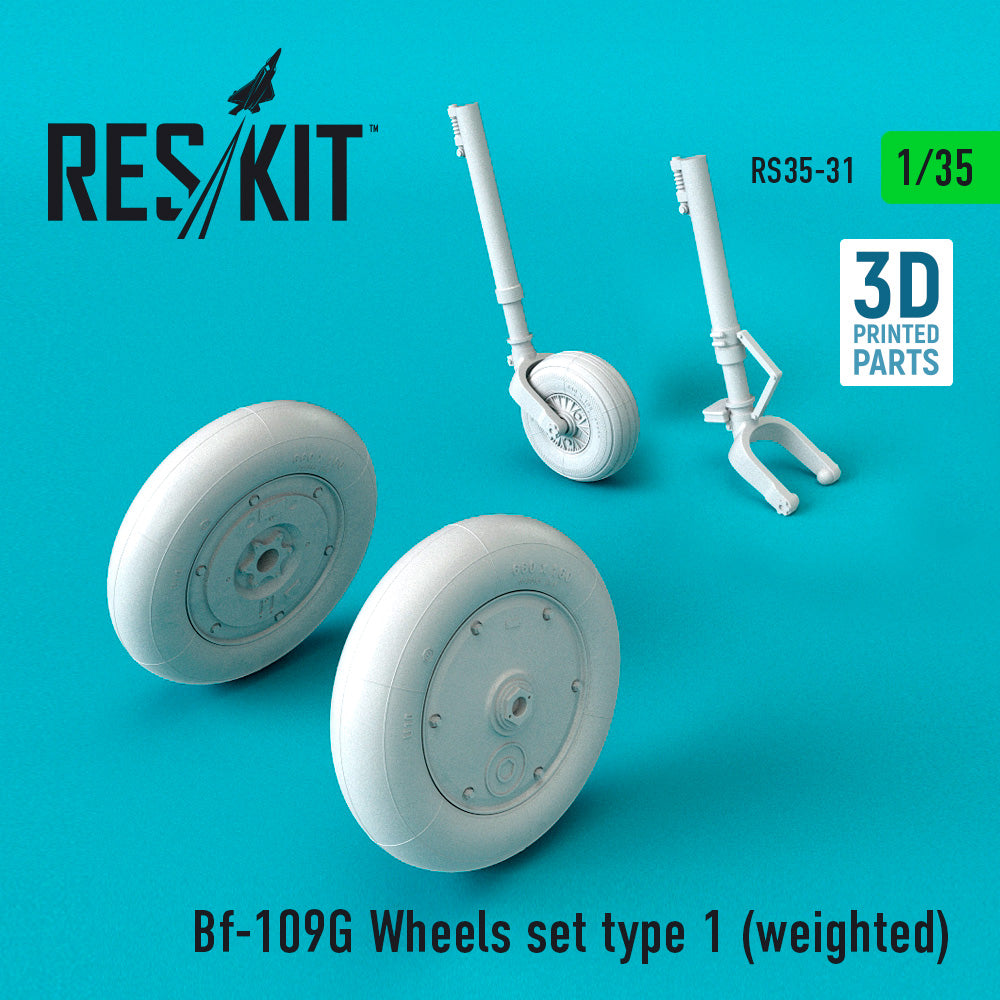 Messerschmitt Bf-109G Wheels set type 1 (bulged tyre/weighted effect) (designed to be used with Border Model kits)(discontinued by Reskit June 2025)