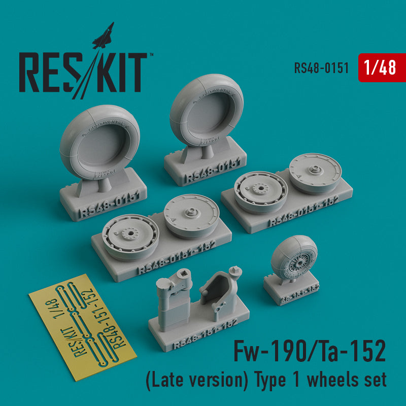Focke-Wulf Fw-190/Ta-152 (Late version) (ResKit sold out May 2026) Type 1 wheels set (designed to be used with Airfix, , Dragon, Eduard kits, Fujimi, Hasegawa, Hobby Boss, Italeri, Monogram, Revell, Tamiya and Trimaster kits) (ResKit sold out May 2026)