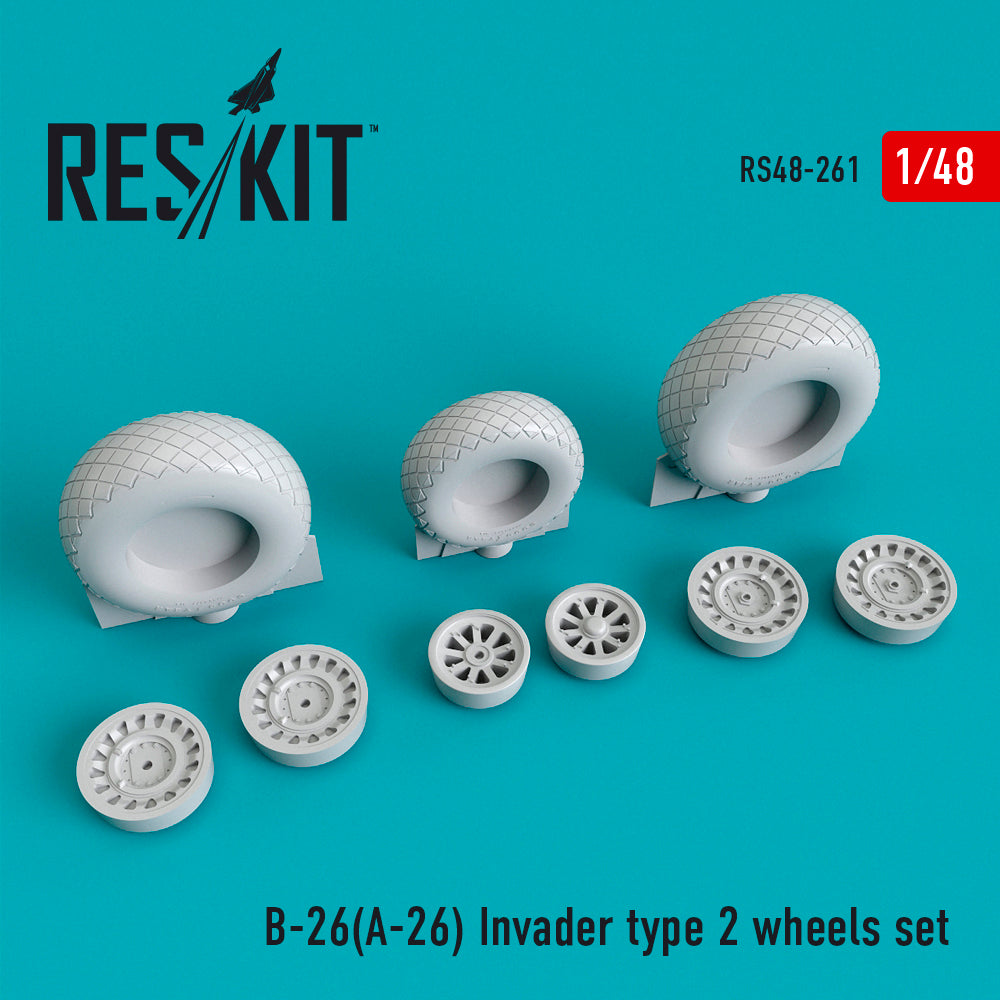 Douglas B-26 (A-26) (ResKit sold out May 2026) Invader type 2 wheels set (designed to be used with Hasegawa, ICM, Monogram and Revell kits) (ResKit sold out May 2026)