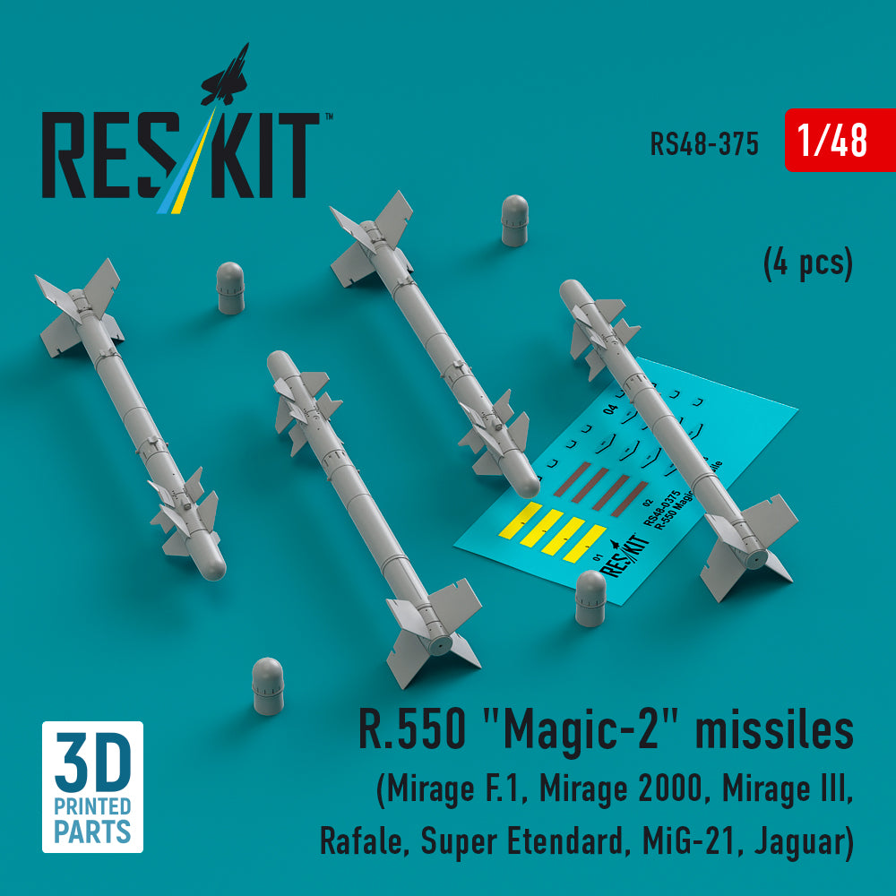 R.550 Magic-2 missiles (4 pcs) (Dassault_Mirage F.1, Mirage 2000, Mirage III, Dassault Rafale, Super Etendard, Mikoyan MiG-21, Jaguar) (3D-Printed)