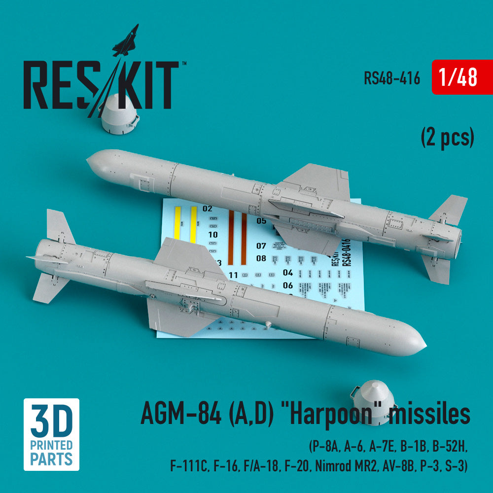 AGM-84 (A,D) Harpoon missiles (2 pcs) (P-8A, A-6, LTV A-7E, B-1B, B-52H, General-Dynamics F-111C, Lockheed-Martin F-16, F/A-18, F-20, Nimrod MR2, McDonnell-Douglas AV-8B, P-3, Lockheed S-3A/S-3B Viking) 3D-Printed