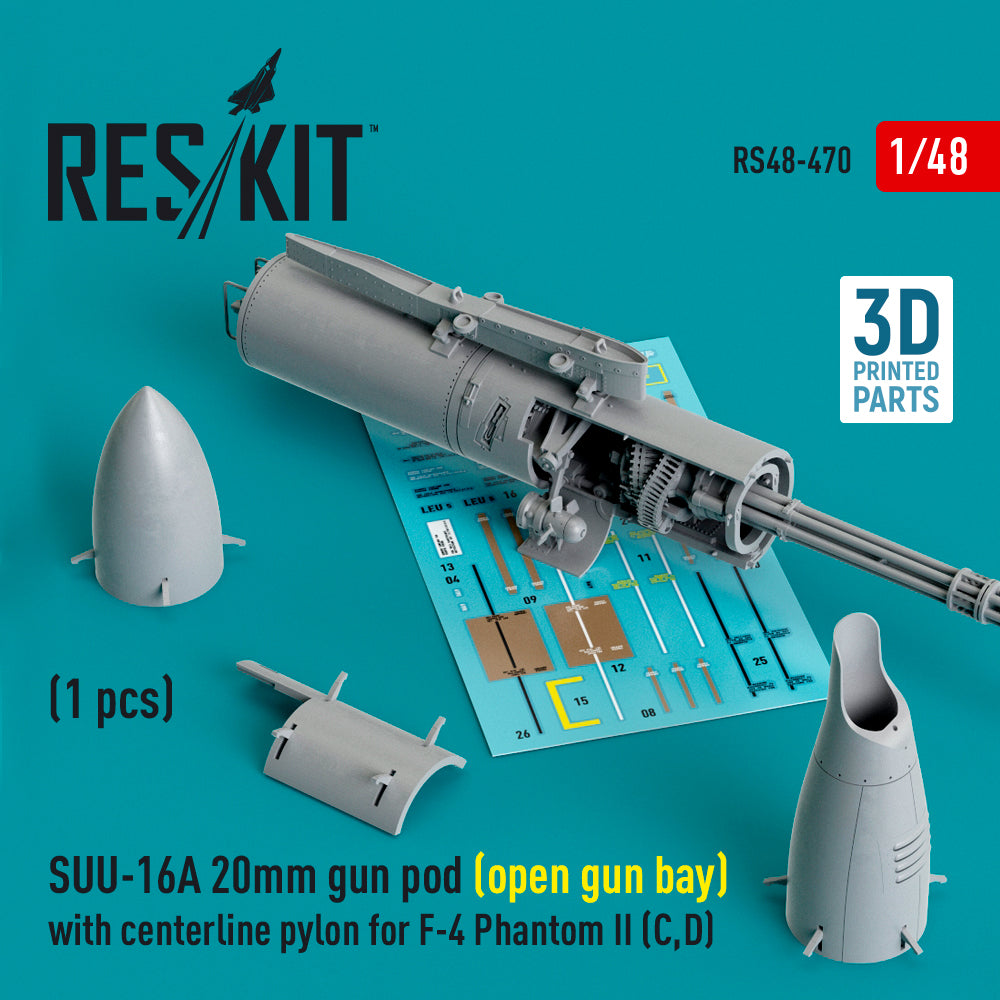 SUU-16A 20mm gun pod (open gun bay) with centerline pylon for F-4 Phantom II (C,D) (1 pc) (3D-Printed)