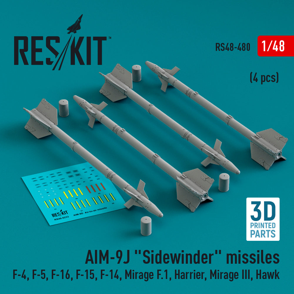 AIM-9J Sidewinder missiles (4 pcs) (McDonnell F-4, Northrop F-5, F-16, McDonnell F-15, Grumman F-14, Dassault_Mirage F.1, BAe Harrier, Dassault_Mirage III, Hawk) (3D-Printed)