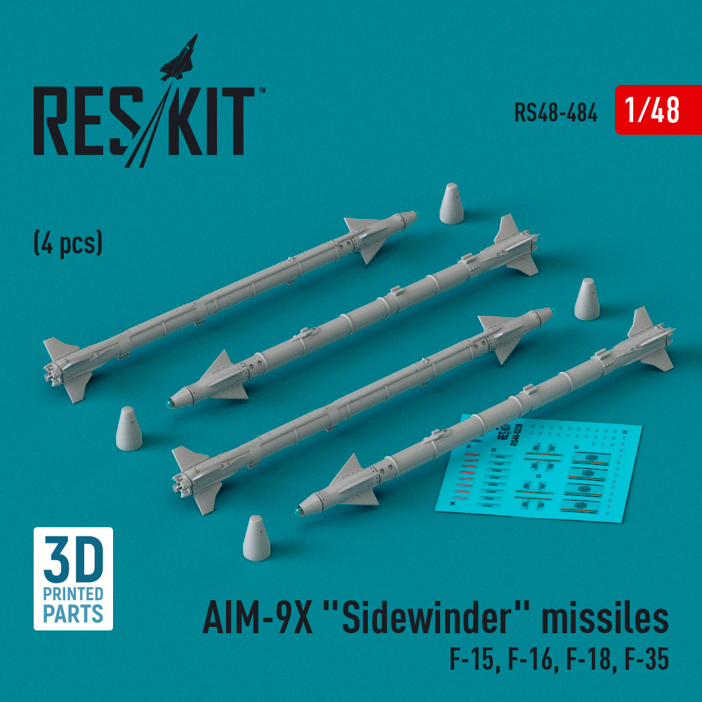 AIM-9X Sidewinder missiles (4 pcs) (McDonnell F-15, F-16, F-18, Lockheed-Martin F-35) (3D-Printed)